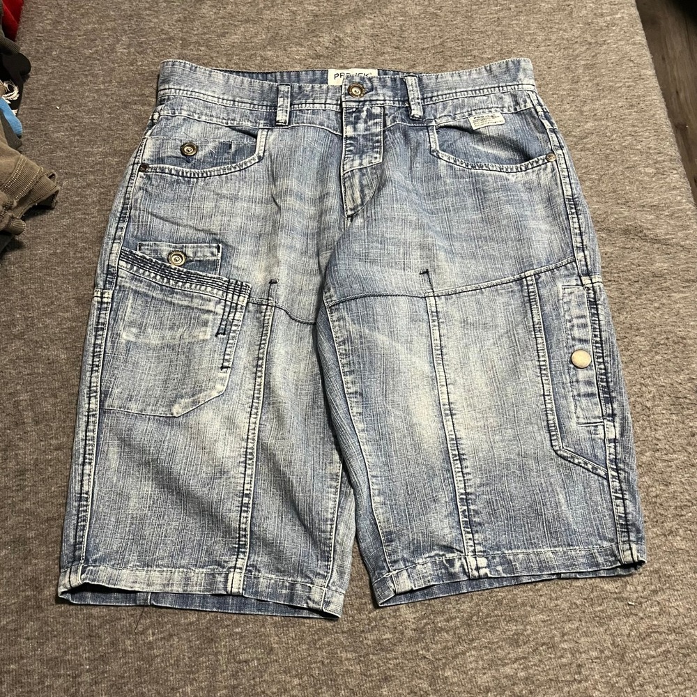 Projek Raw Mens Denim Cargo Shorts Size 32 Blue Acid Wash Utility Y2K Streetwear
